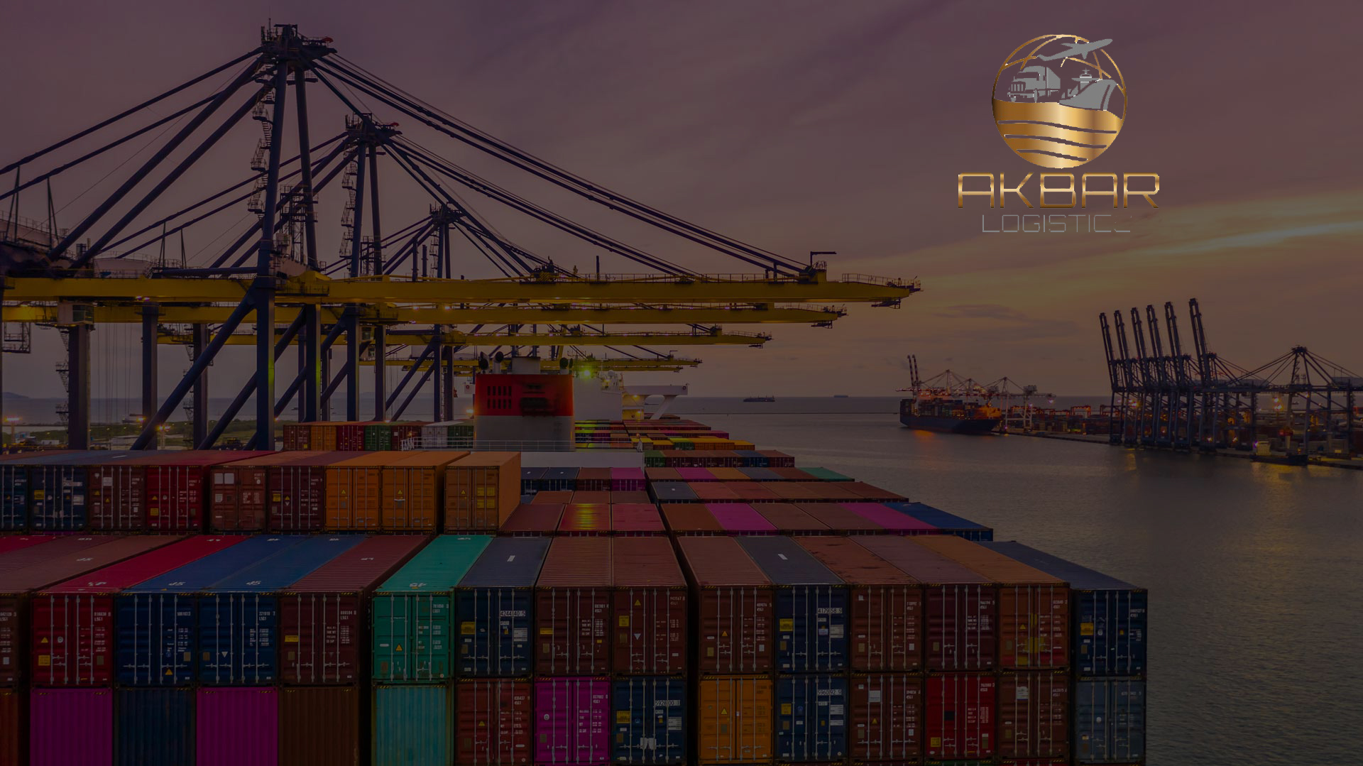 Container ship loading and unloading in deep sea port at sunset,
